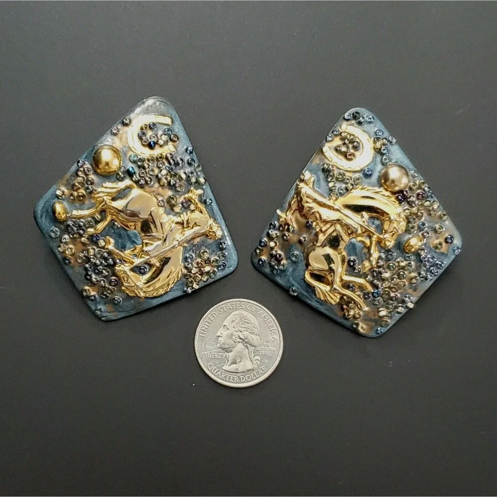 Rodeo Horse Cowboy Earrings OOAK‎ One-of-a-Kind Vintage Enamel Art Earrings
